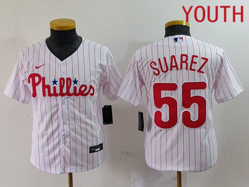 Youth Philadelphia Phillies #55 Suarez White stripe Nike Game 2024 MLB Jersey style 1->philadelphia phillies->MLB Jersey